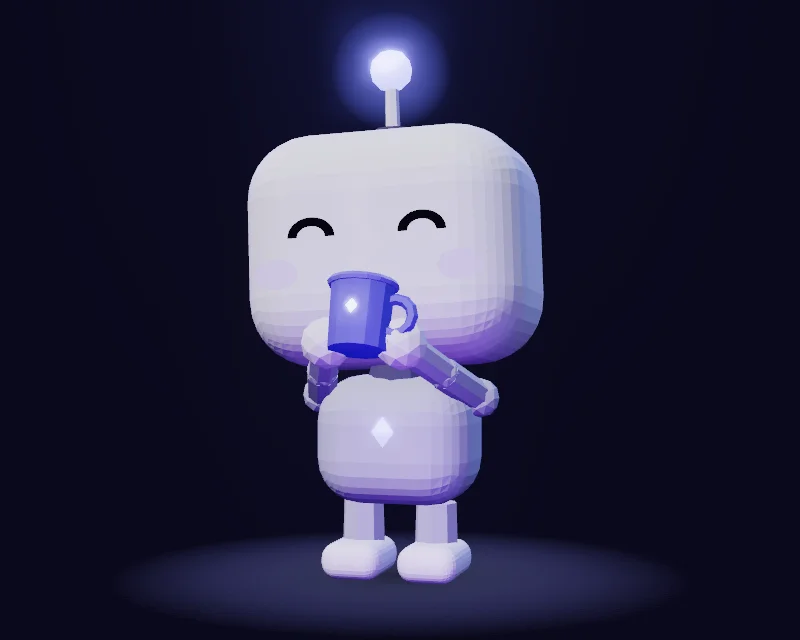 The robot happily sipping from a coffee mug